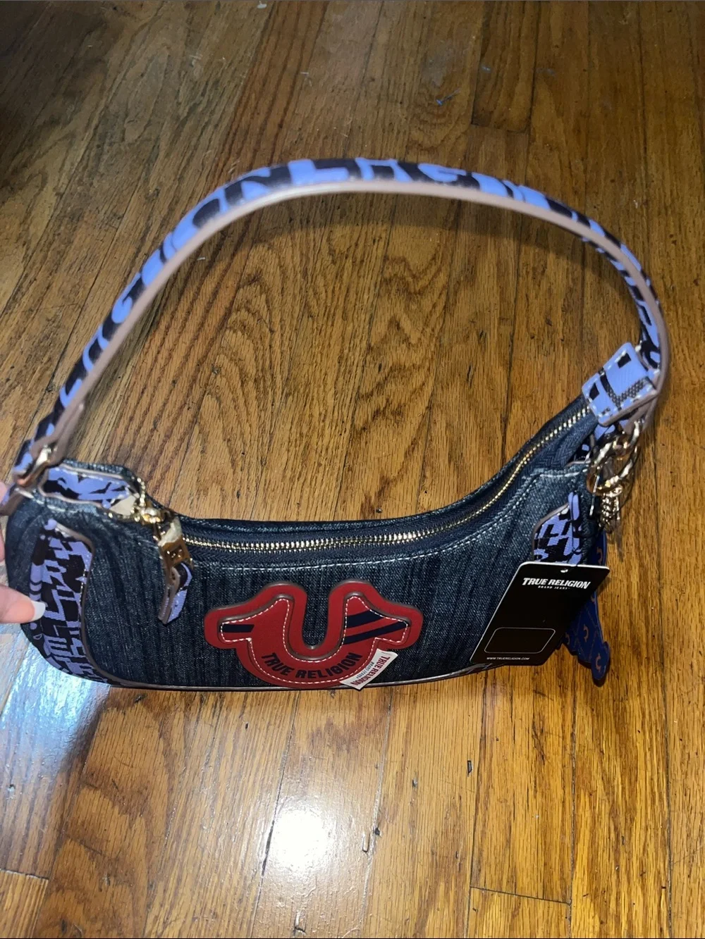 NWT True Religion Denim Shoulder Bag with Red Crest and Two Charms